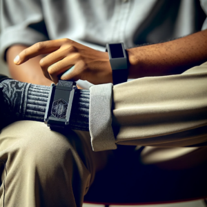 A person of non-specified descent wearing a black electronic anklet on their ankle. The anklet is rectangular with a strap and a body that looks simil